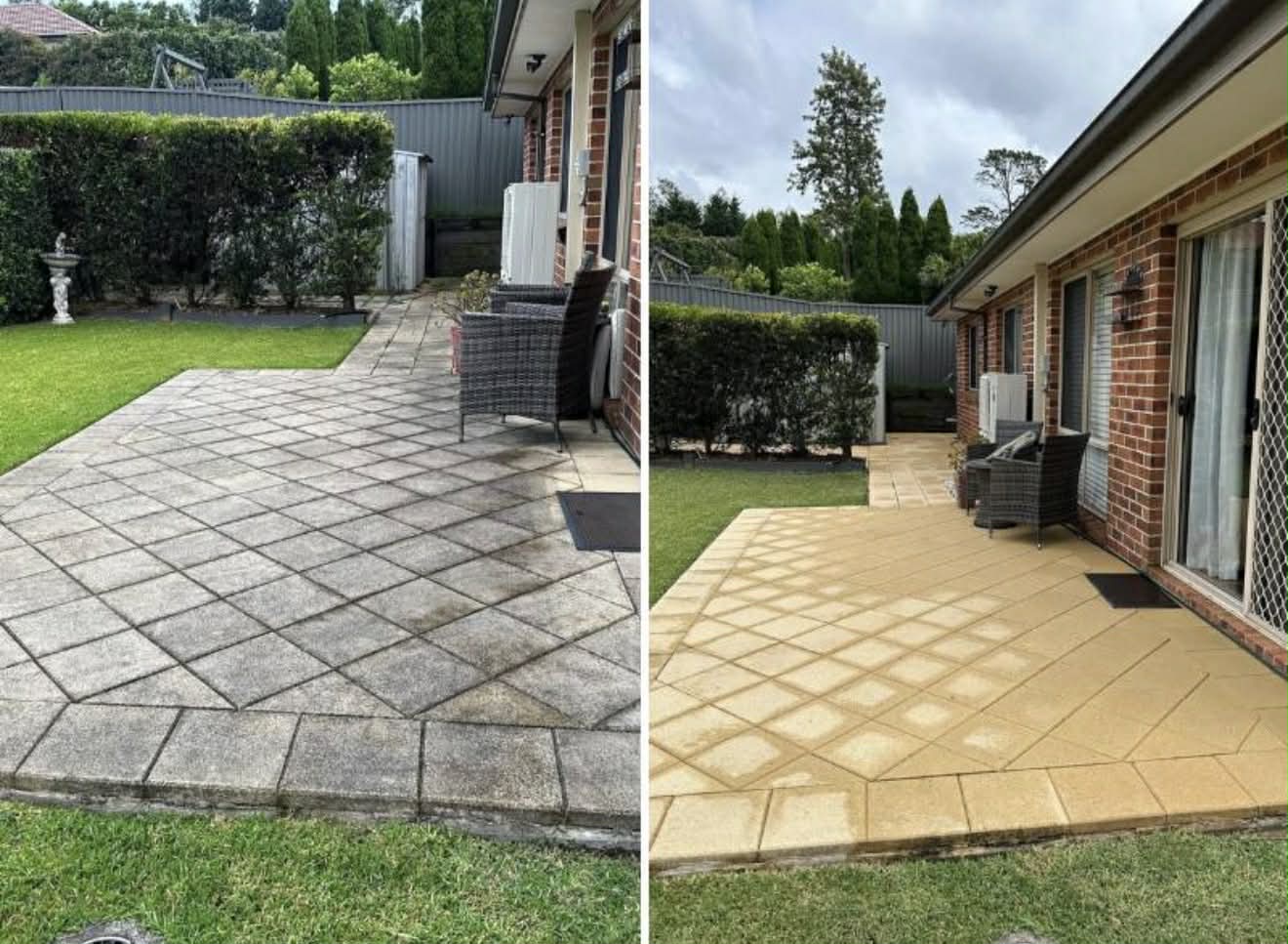 Patio paving shown before and after pressure washing